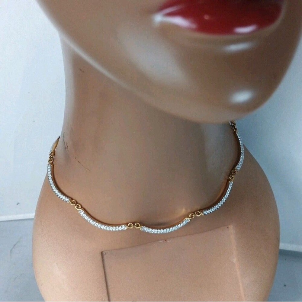 Vintage Swarovski Wave Necklace Gold Tone Rhodium Plated Clear Crystal 14"-16.5" - Picture 2 of 7